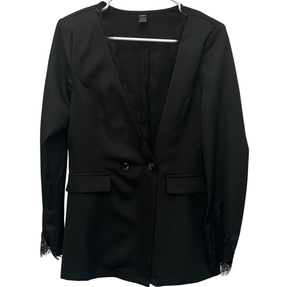 SHEIN Womens‎ Black Lace Trim Double Breasted Blazers Jacket Long Sleeve Size L